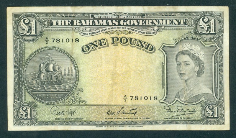 Bahamas - 1 Pound 1936 (intro 1954) Queen Elizabeth on right (P. 15b) Stained - ...