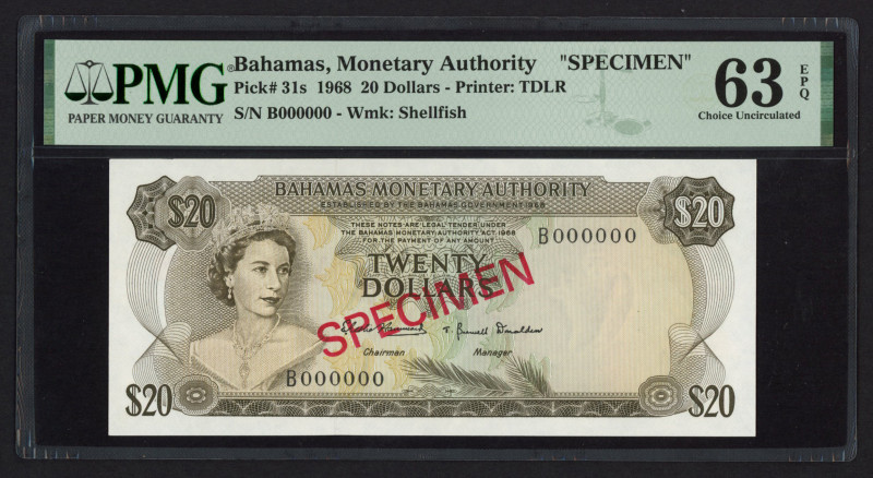 Bahamas - 20 Dollars L.1968 Queen Elizabeth II SPECIMEN (P. 31s) - PMG 63 Choice...