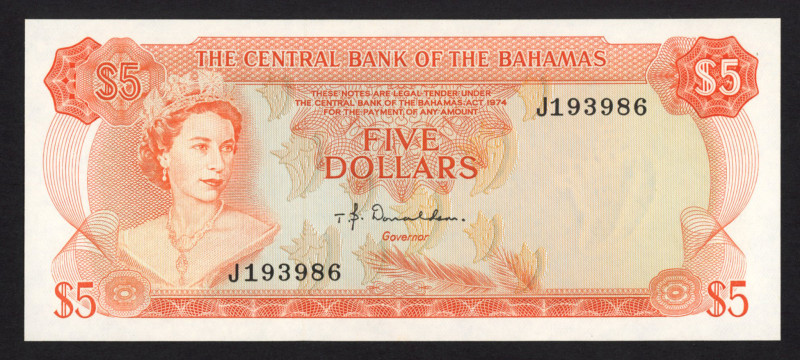 Bahamas - Central Bank - 5 Dollars L. 1974 Queen Elizabeth II (P. 37a) - sign. D...