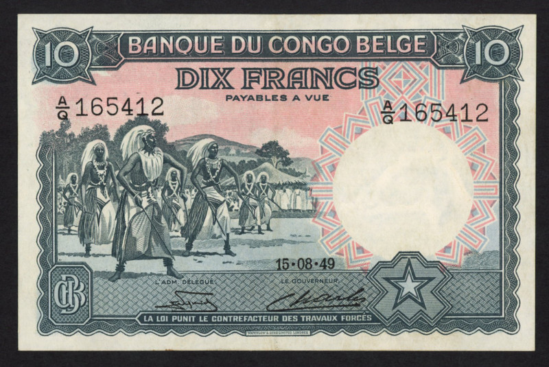 Belgian Congo - 10 Francs 15.08.1949 Dancing Watusi (P. 14E) - a.XF