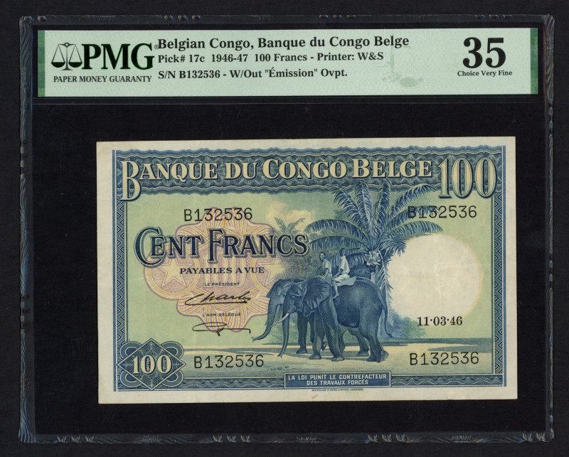 Belgian Congo - 100 Francs 11.03.1946 Elephants (P. 17c) - PMG 35 Choice Very Fi...