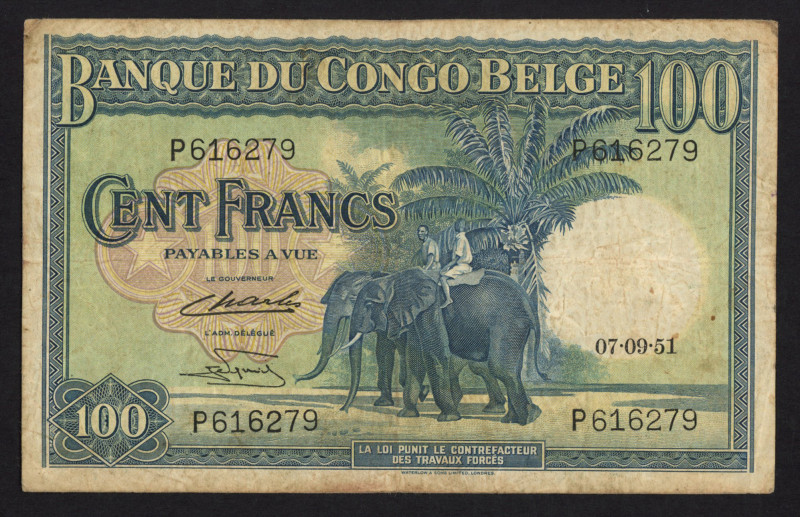 Belgian Congo - 100 Francs 07.09.1951 Elephant (P. 17d) - Fine