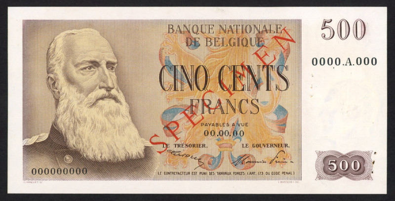 Belgium - 500 Francs 00.00.00 King Leopold II SPECIMEN (P. 130s) - #0000 A 0000 ...