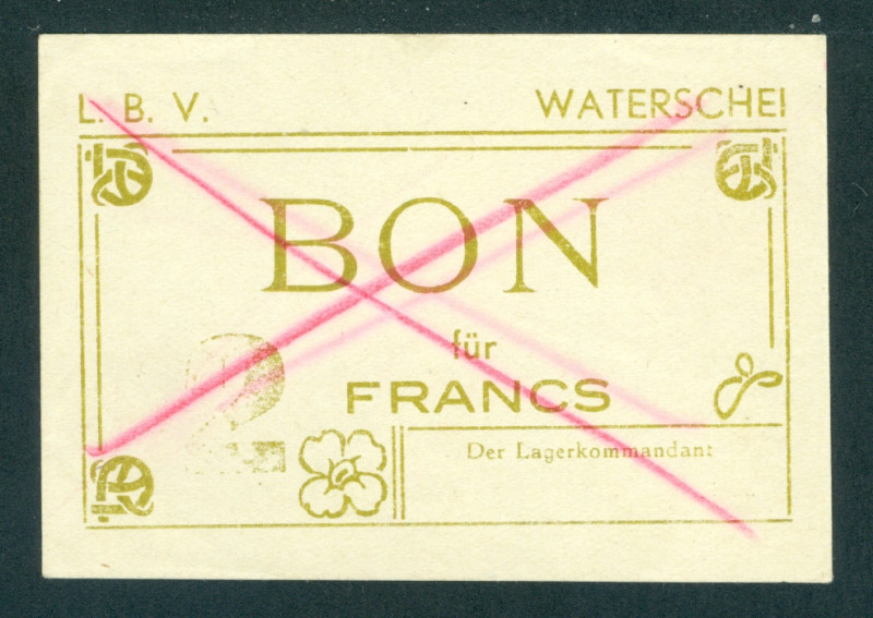 Belgium - POW Prisoner of War Camp Waterschei WWII, 2 Francs ND (P. UNL) cross c...