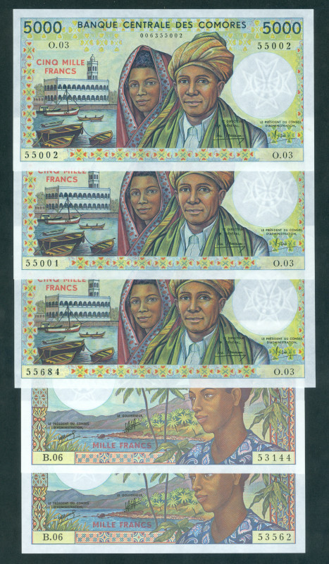 Comoros - 1000 + 5000 Francs ND (1984-2004) Woman at right/Man and Woman at cent...