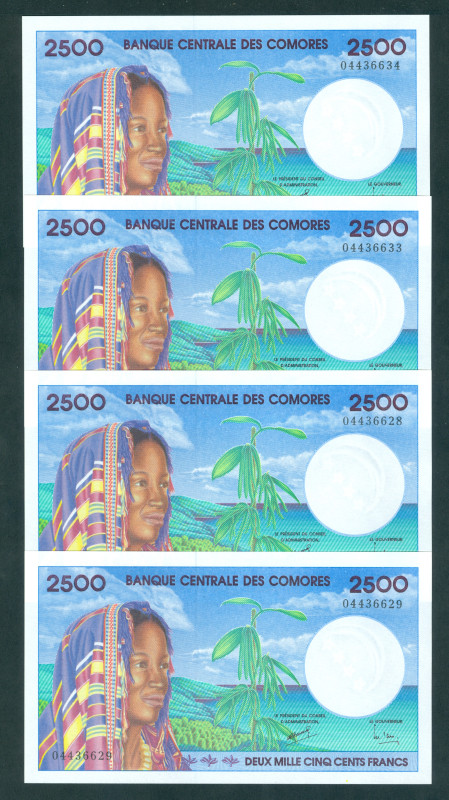 Comoros - 2500 Francs ND (1997) Woman wearing scarf at left, sea turtle on rever...