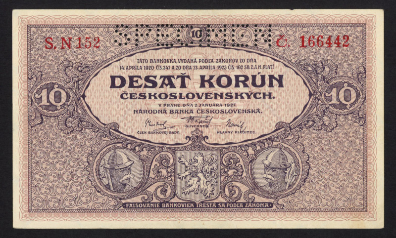 Czechoslovakia - 10 Korun 2.1.1927 (P. 20s) - Specimen - XF/AU.