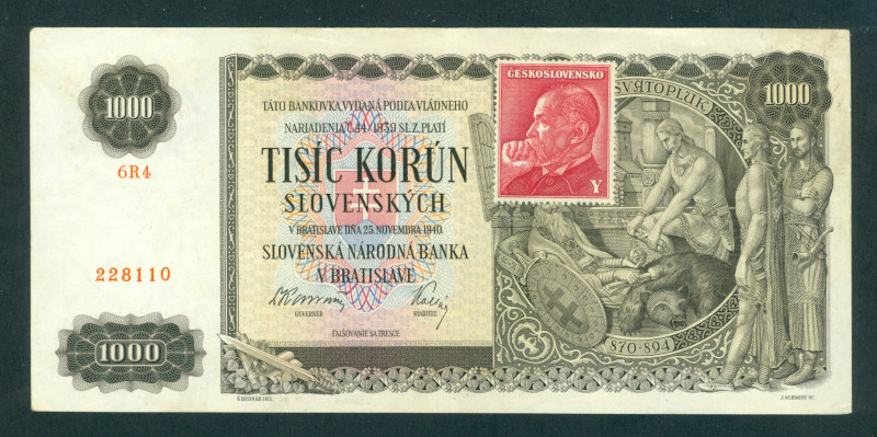 Czechoslovakia - 1000 Korun ND (1945, old date 25.11.1940) - red adhesive stamp ...