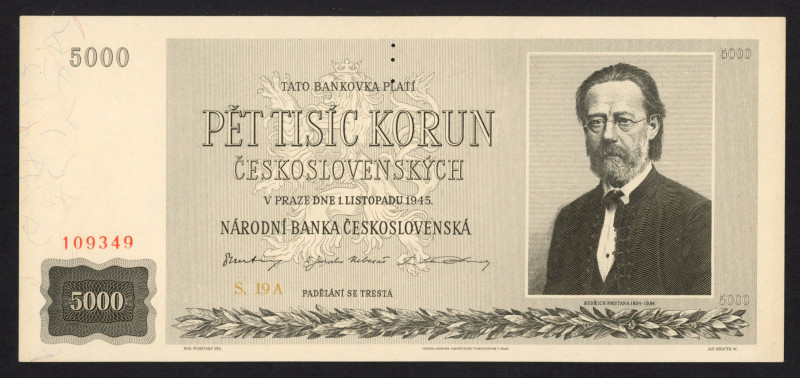 Czechoslovakia - 5000 Korun 1945 Narodni Banka (P. 75s) - Specimen - UNC.