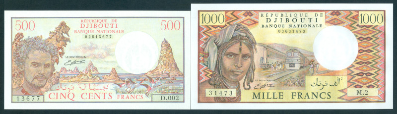 Djibouti - 500 + 1000 Francs ND (1988) Man + ships and Woman + train/camels (P. ...