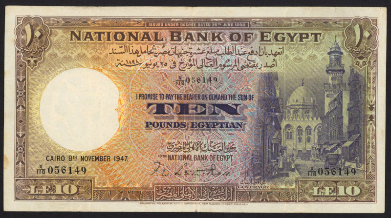 Egypt - 10 Pounds 8.11.1947 (P. 23c) Mosque and street in Cairo / Farm scene (P....