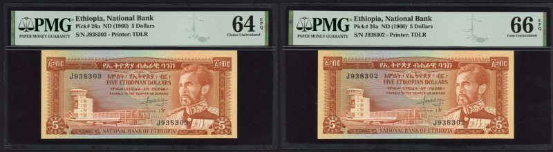 Ethiopia - 5 Dollars ND (1966) Haile Selassie (P. 26a) - consecutive no. - PMG 6...