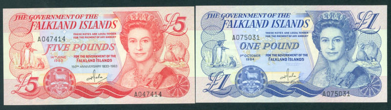 Falkland Islands - 1 Pound 1984 (P. 13) 5 Pounds 1983 (P. 12) Front: Queen Eliza...