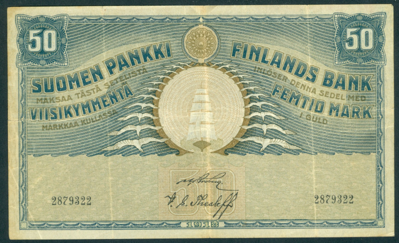 Finland - 50 Markkaa 1918 (P. 39) - 5 mm. tear left margin - a.VF