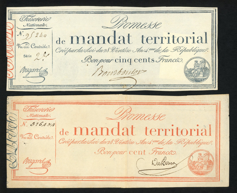 France - Mandat Territorial - 25, 100 + 500 Francs 1796 with series (P. A83b-A84...