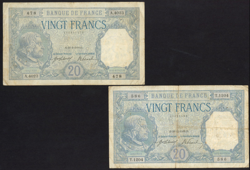 France - 20 Francs 28.12.1916 and 22.2.1918 Bayard (P. 74) - Total 2 pcs. in Fin...