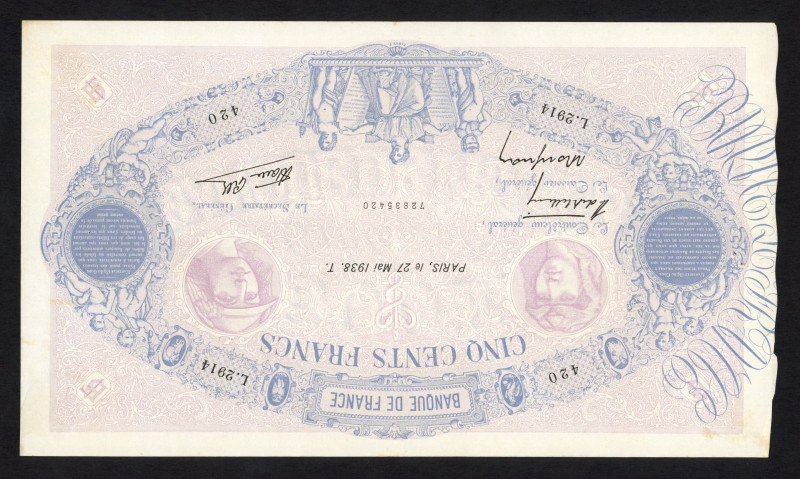 France - 500 Francs 27.5.1938 (P. 88c) - pinholes - Total 2 pcs. in VF/XF