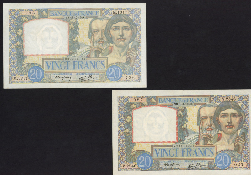 France - 20 Francs 17.10.1940 + 19.12.1940 Science and Labor (P. 92b) - Total 2 ...