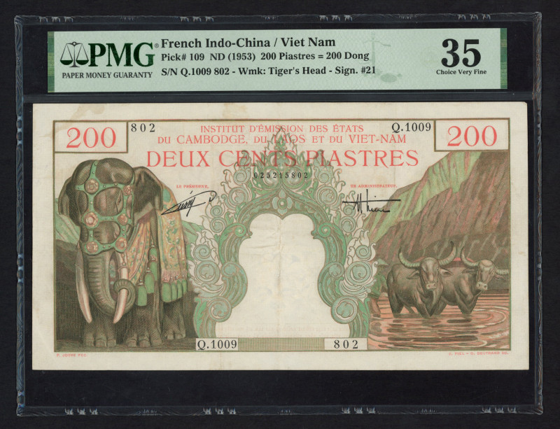 French Indo-China - Vietnam - 200 Piastres = 200 Dong ND (1953) Elephant (P. 109...