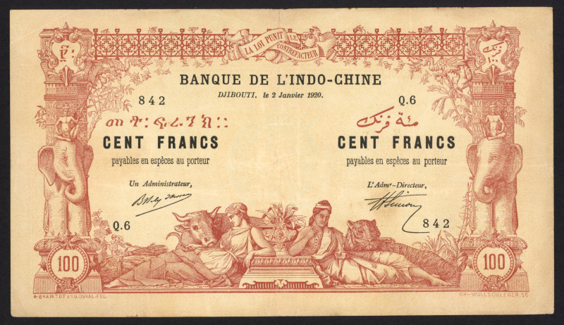 French Somaliland - Djibouti - 100 Francs 2.1.1920 Elephant columns + 2 women (P...