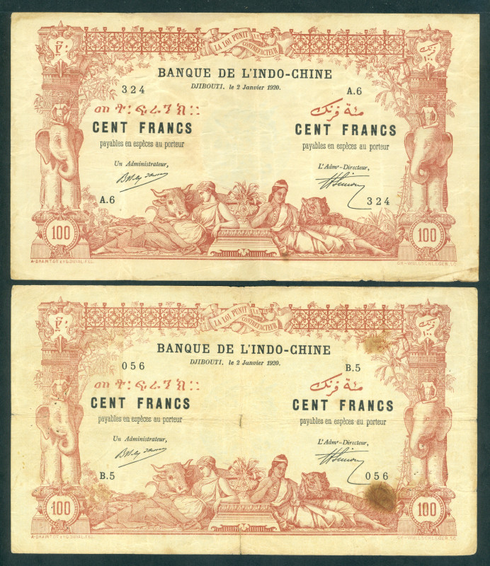 French Somaliland - 100 Francs 2.1.1920 Djibouti - Elephant columns at left and ...