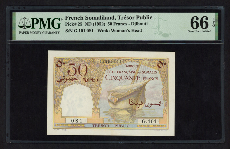 French Somaliland - 50 Francs ND (1952) Boat / Camels (P. 25) - PMG 66 Gem UNC E...