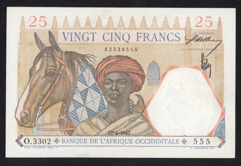 French West africa - 25 Francs 22.4.1942 Young man with horse (P. 27) - XF/AU pr...