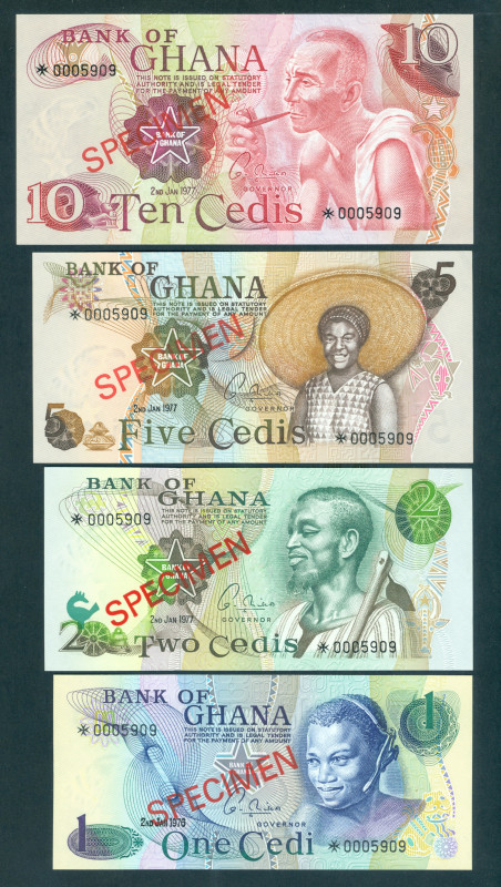 Ghana - 1, 2, 5, 10, Cedis 1977 (all Specimen with serial # prefix Maltese Cross...