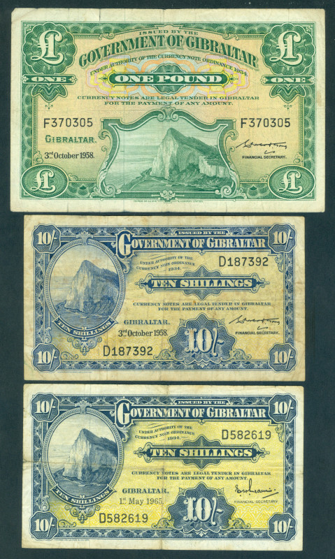 Gibraltar - 10 Schillings 3.10.1958 & 1.5.1965 (P. 17), 1 Pound 3.10.1958 (P. 18...