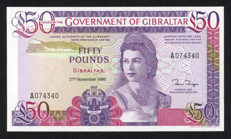 Gibraltar - 50 Pounds 27.11.1986 Portrait of Queen Elizabeth II at right (P. 24)...