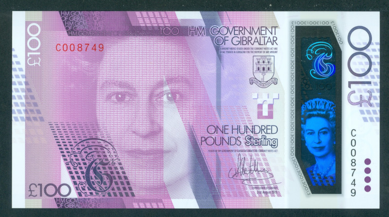 Gibraltar - 100 Pounds 21.8.2015 intro: 23.1.2017 (P. 40), Commemorative issue S...