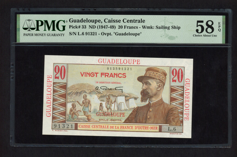 Guadeloupe - 20 Francs ND (1947-49) Gentil at right (P. 33) - PMG 58 Choice Abou...