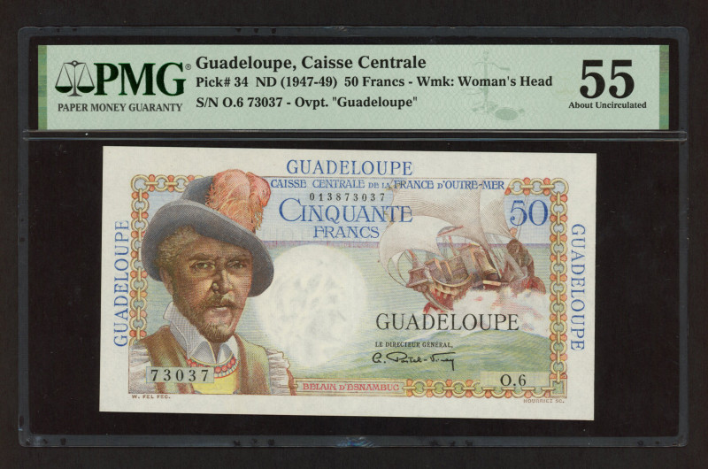 Guadeloupe - 50 Francs ND (1947-49) B. d'Esnambuc at left, sailing ship at right...