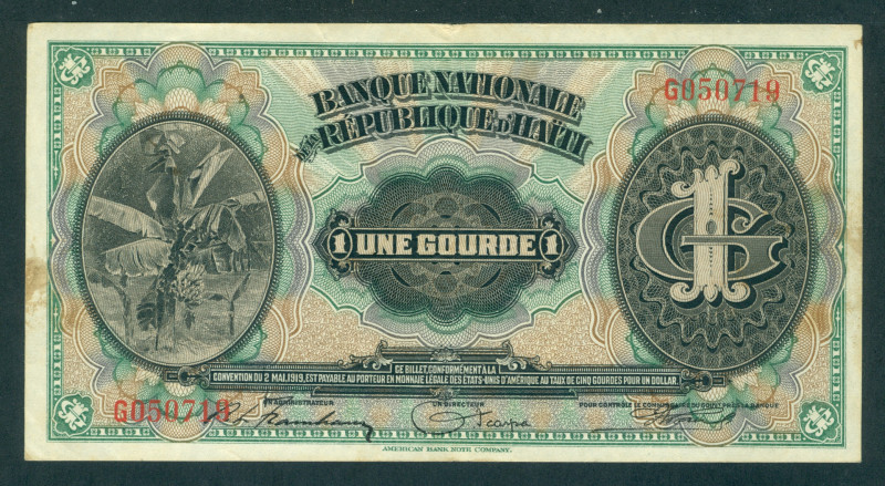 Haiti - 1 Gourde L.1919 Banana plant at left (P. 150) - stained - VF.