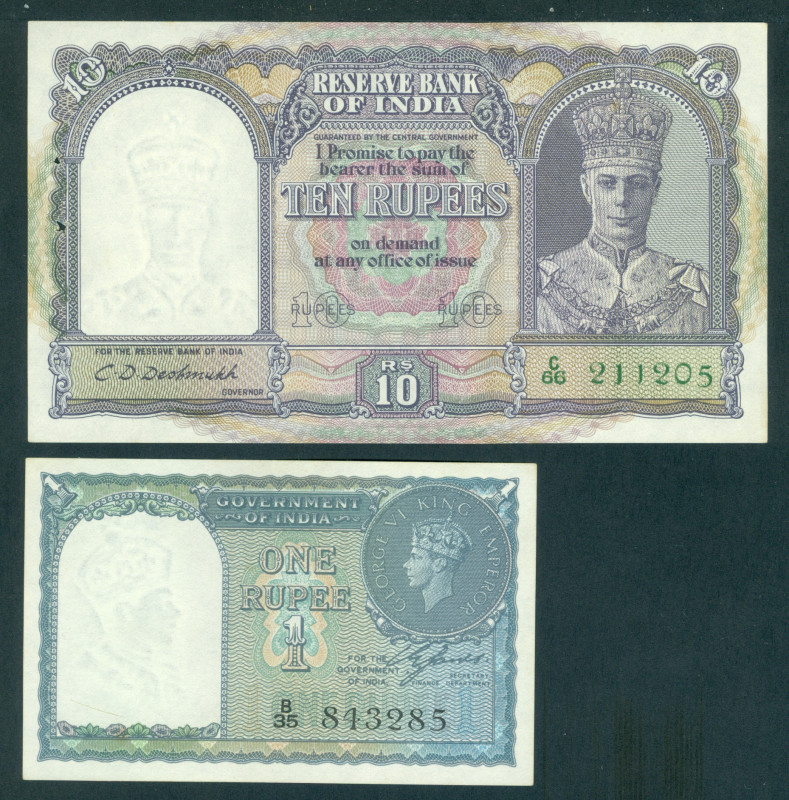 India - 10 Rupees ND (1943) George VI facing at right with stapleholes (P. 24) 1...