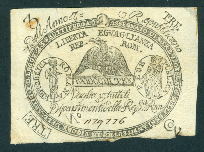 Italy - 3 Bajocchi Anno 7 (1798) Prima Republica Romana, Assignats (P. S531) - d...