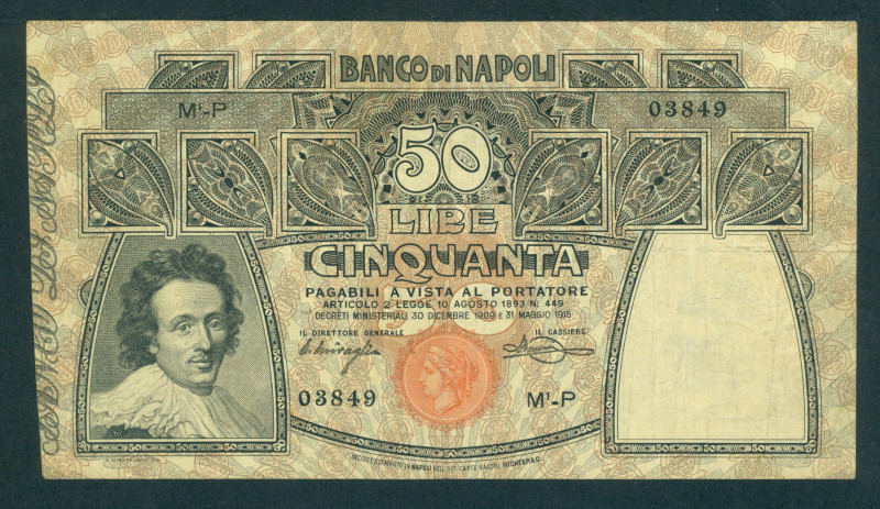 Italy - Banco di Napoli 50 Lire 1915 (P. S856) - Portrait S. Rosa - VF