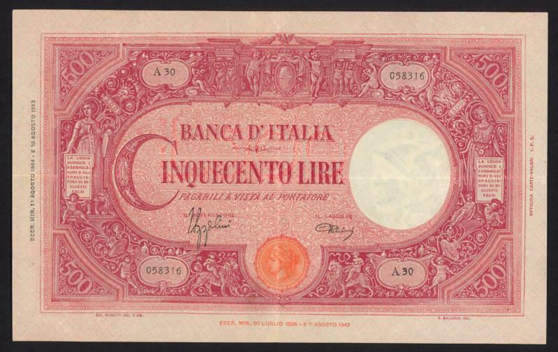 Italy - 500 Lire 1.8.1944 (P. 70a) with signature Azzolini/Urbini - VF+