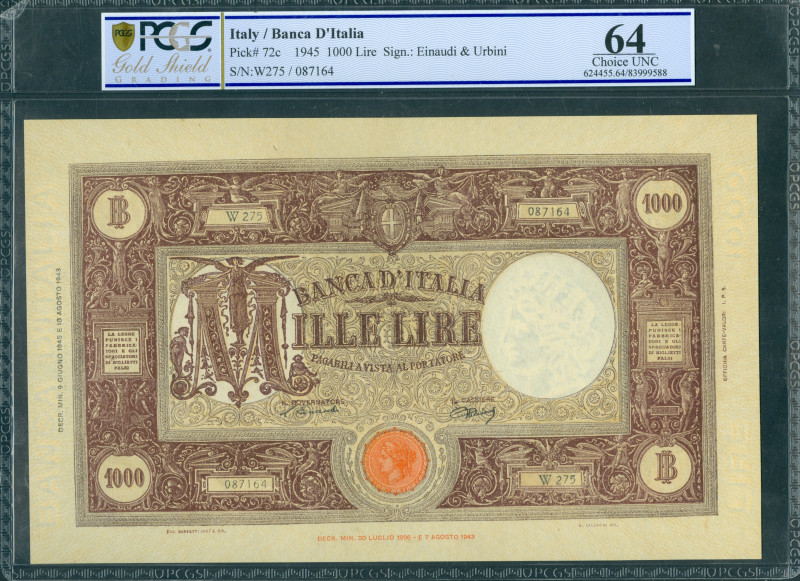 Italy - 1000 Lire 9.6.1945 (P. 72c) - sign. Einaudi/Urbini - PCGS Gold Shield Ch...