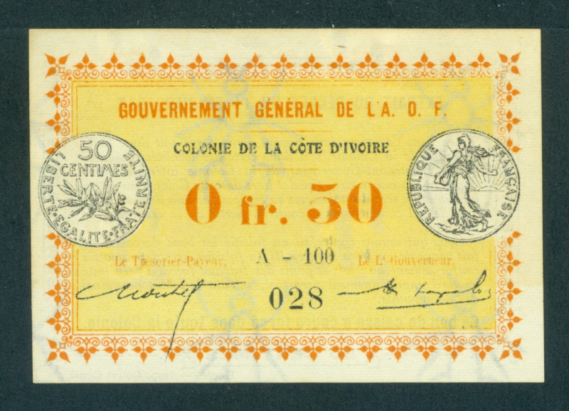 Ivory Coast - 0,50 Franc D.1917 Black and orange on yellow underprint, obverse a...