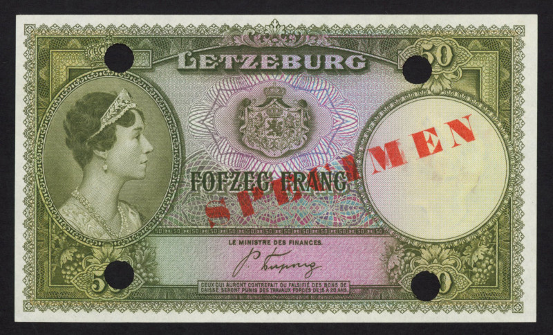 Luxembourg - 50 Francs ND (1944) SPECIMEN (P. 46s) - Specimen diagonally printed...