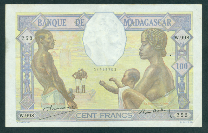 Madagascar - 100 Francs ND (1937) Man with woman and child (P. 40) - pinholes - ...