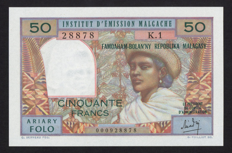 Madagascar - 50 Francs = 10 Ariary ND (1969) Man at center (P. 61) - UNC