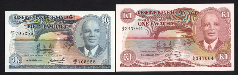 Malawi - 50 Tambala 1.1.1983 + 1 Kwacha 31.1.1976 (P. 13e, 14a) - Total 2 pcs. i...