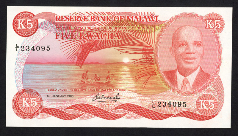 Malawi - 5 Kwacha 1.1.1983 Pres. Banda + fishermen (P. 15e ) - UNC