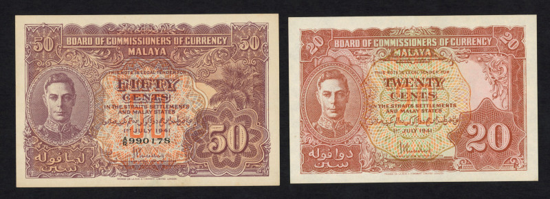 Malaya - 20 + 50 Cents 1.7.1941 (1945) King George VI (P. 9a + 10a) - Total 2 pc...