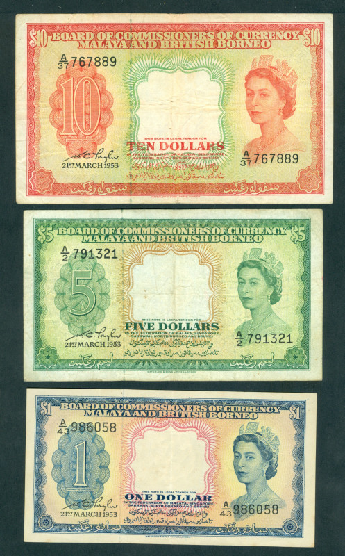 Malaya and British Borneo - 1 + 5 + 10 Dollars 21.3.1953 Queen Elizabeth II at r...