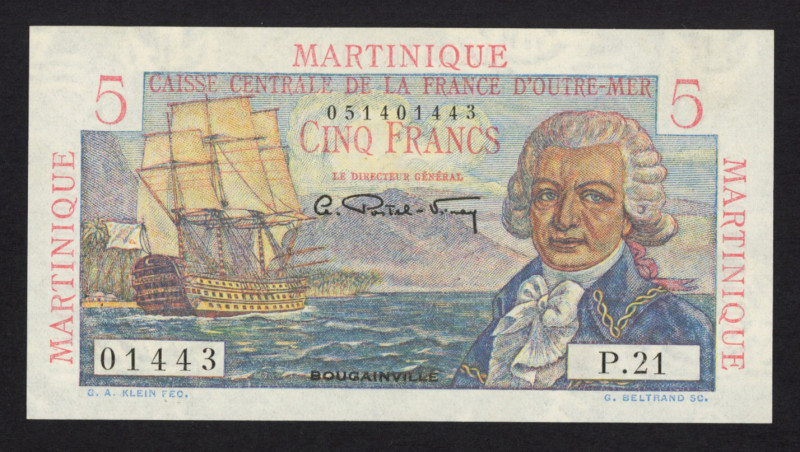 Martinique - 5 Francs ND (1947-49) Bougainville (P. 27) - small glue stains on b...