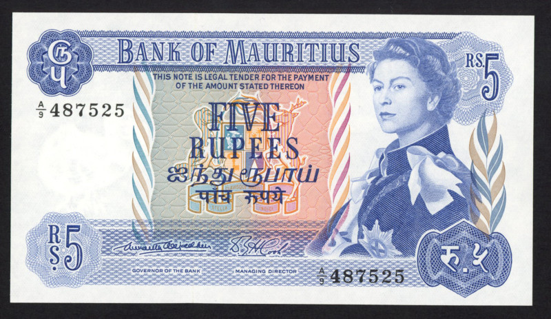 Mauritius - 5 Rupees ND (1967) Queen Elizabeth II (P. 30a) - sign. 1 - UNC