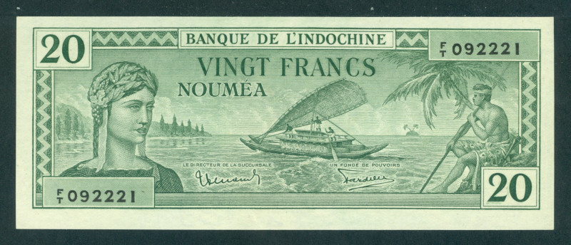 New Caledonia - 20 Francs ND (1944) Nouméa - Woman + boat with fisherman (P. 49)...